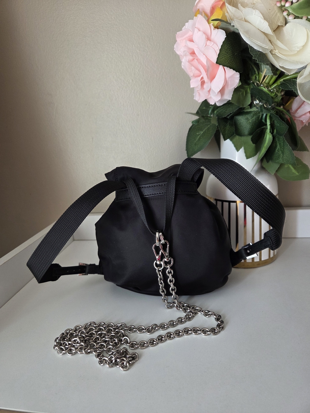 Prada Mini Re- Nylon Backpack Chain Crossbody Bag Silver /black - Picture 7 of 16